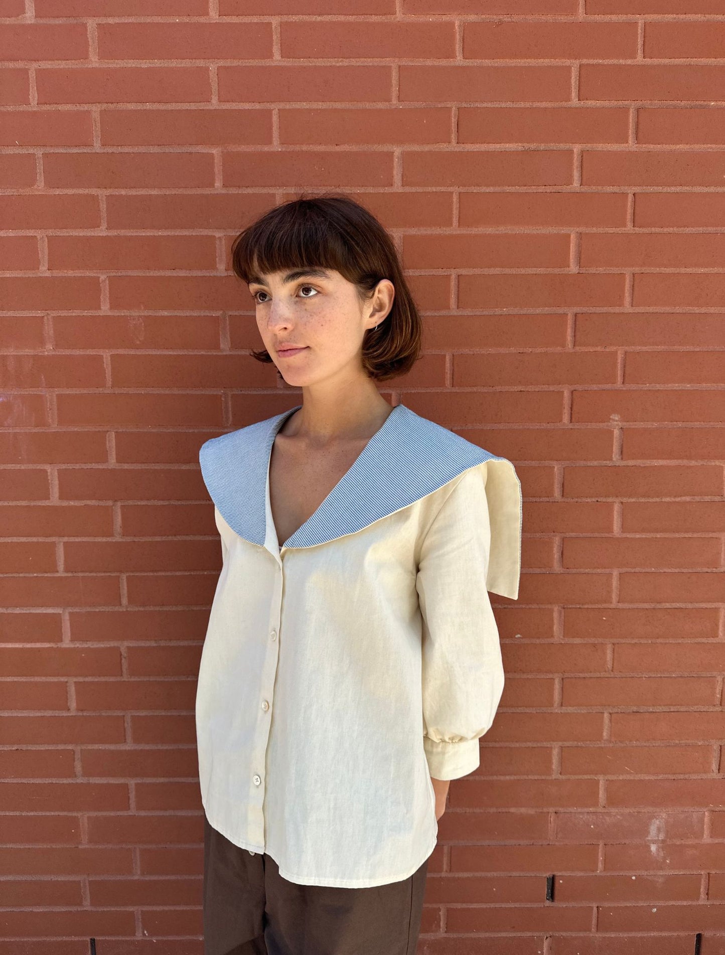 Maritime Blouse - Cream and Bice Blue