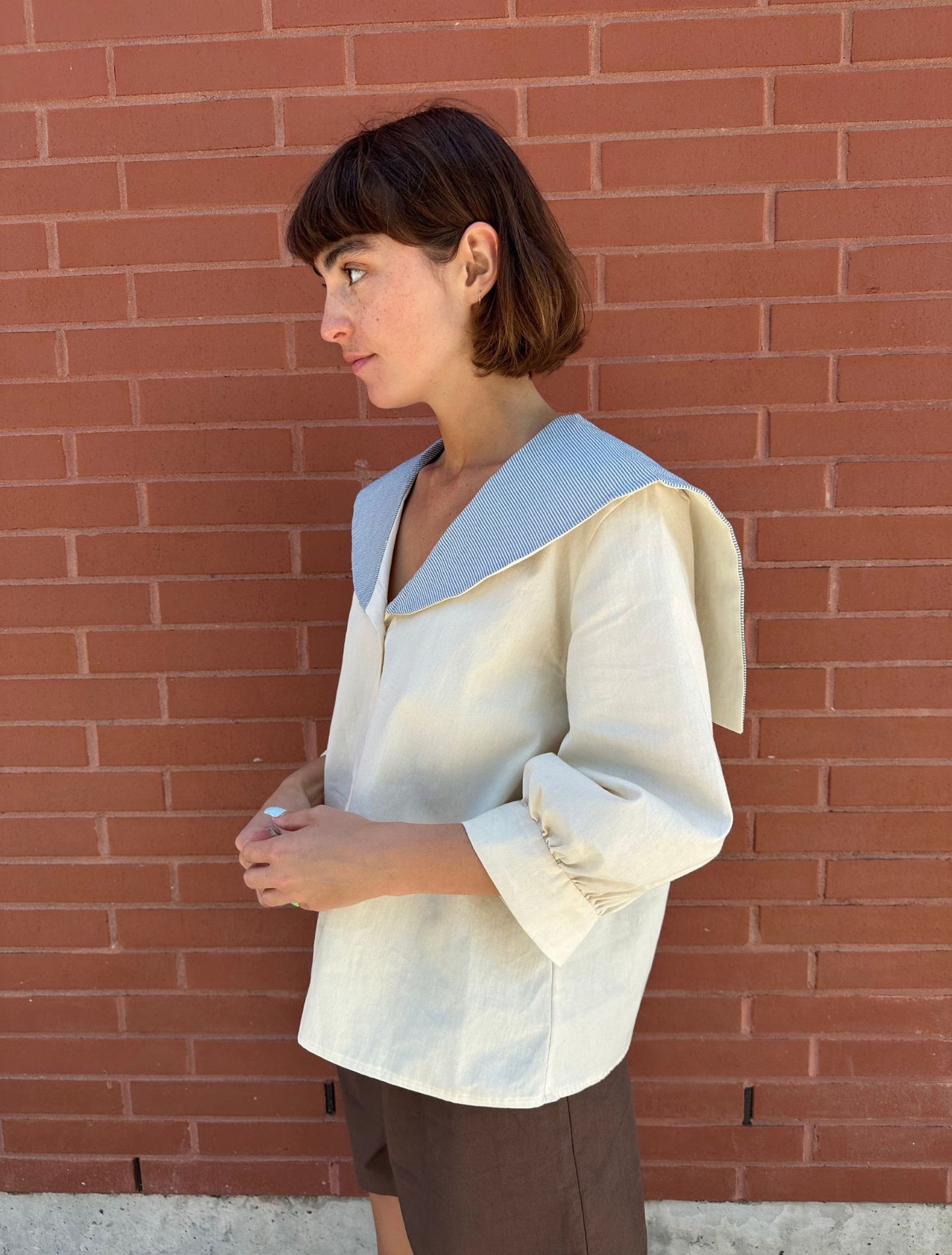 Maritime Blouse - Cream and Bice Blue