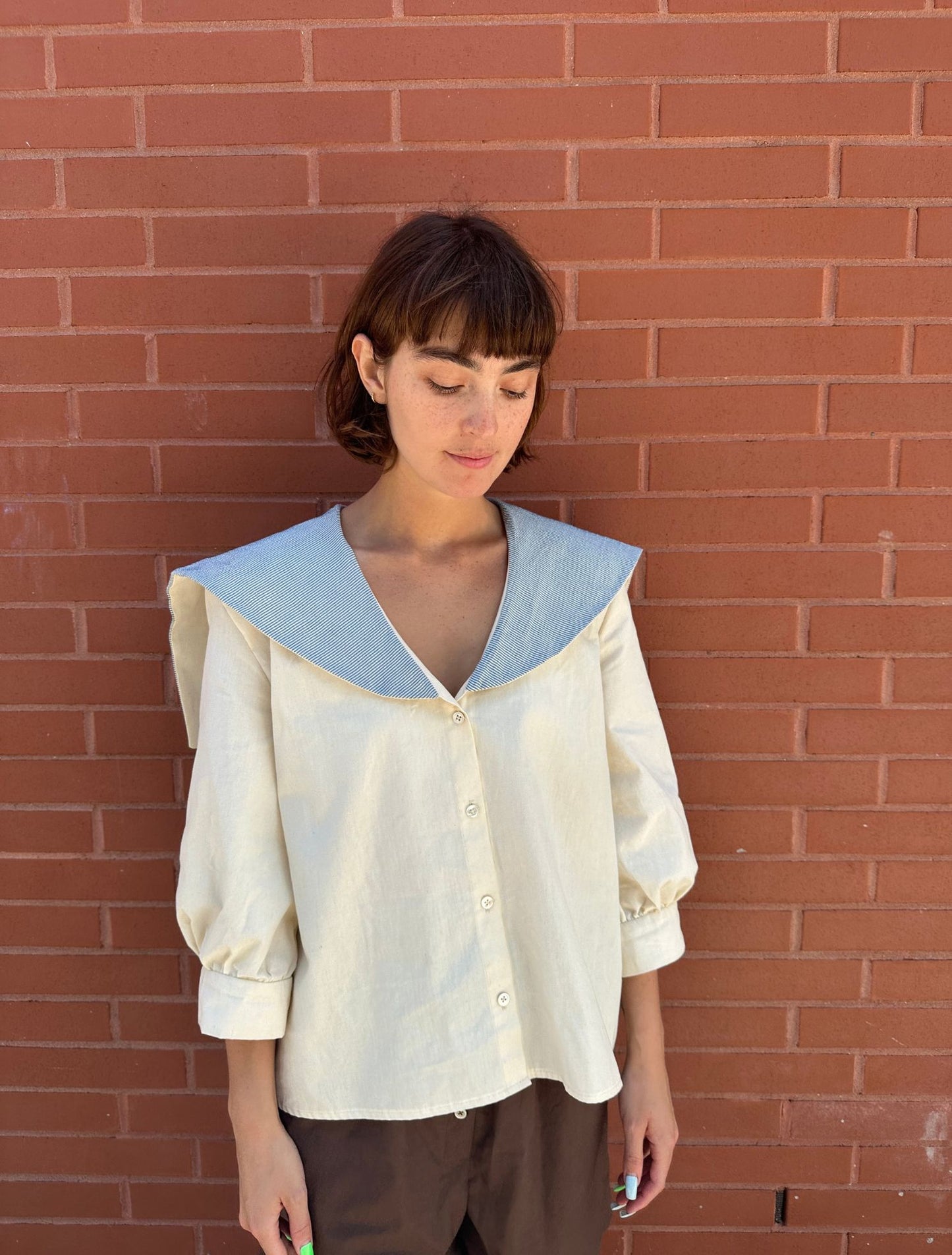 Maritime Blouse - Cream and Bice Blue